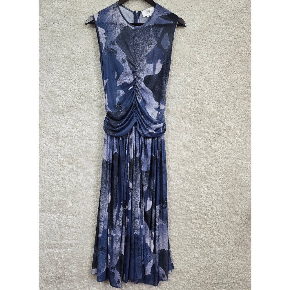 VVB Victoria Beckham Abstract Print Ruched Midi Dress Medium Sheer Sleeveless - Picture 1 of 14